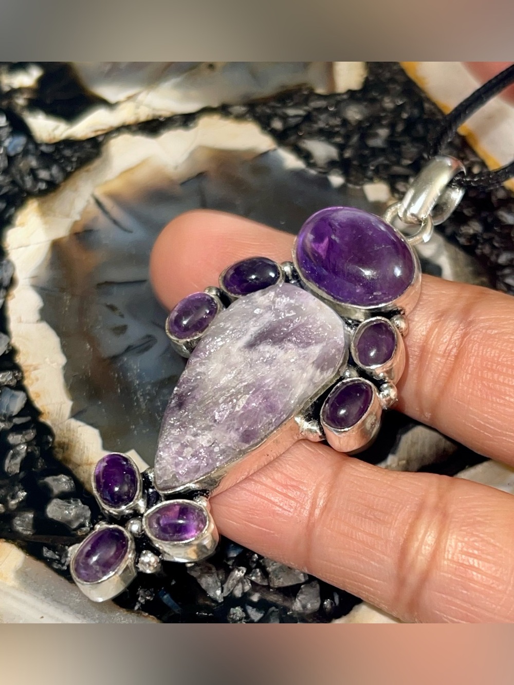 Polished & Raw Purple Amethyst Crystal Pendant 2 7/8”